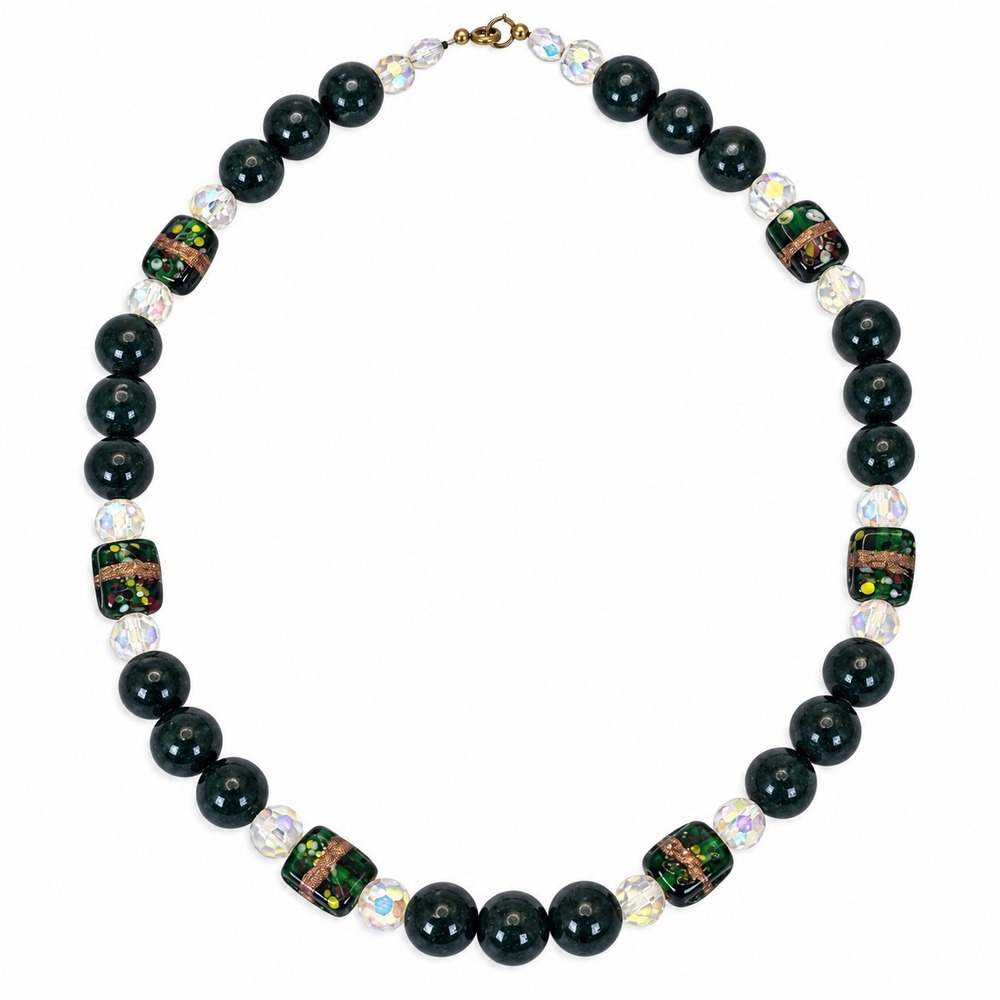Dark Green Stone Art Glass Bead Necklace Iridescent Faceted Beads Statement